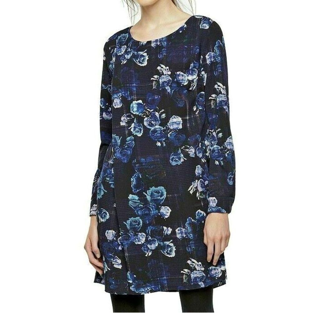 Thakoon Blue Plaid Floral Shift Dress Sz Small For DesigNation Long Sleeve